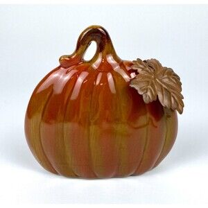 Ceramic Pumpkin with Metal Leaf Fun Festive Home Decoration Shelf Sitter 5.25"
